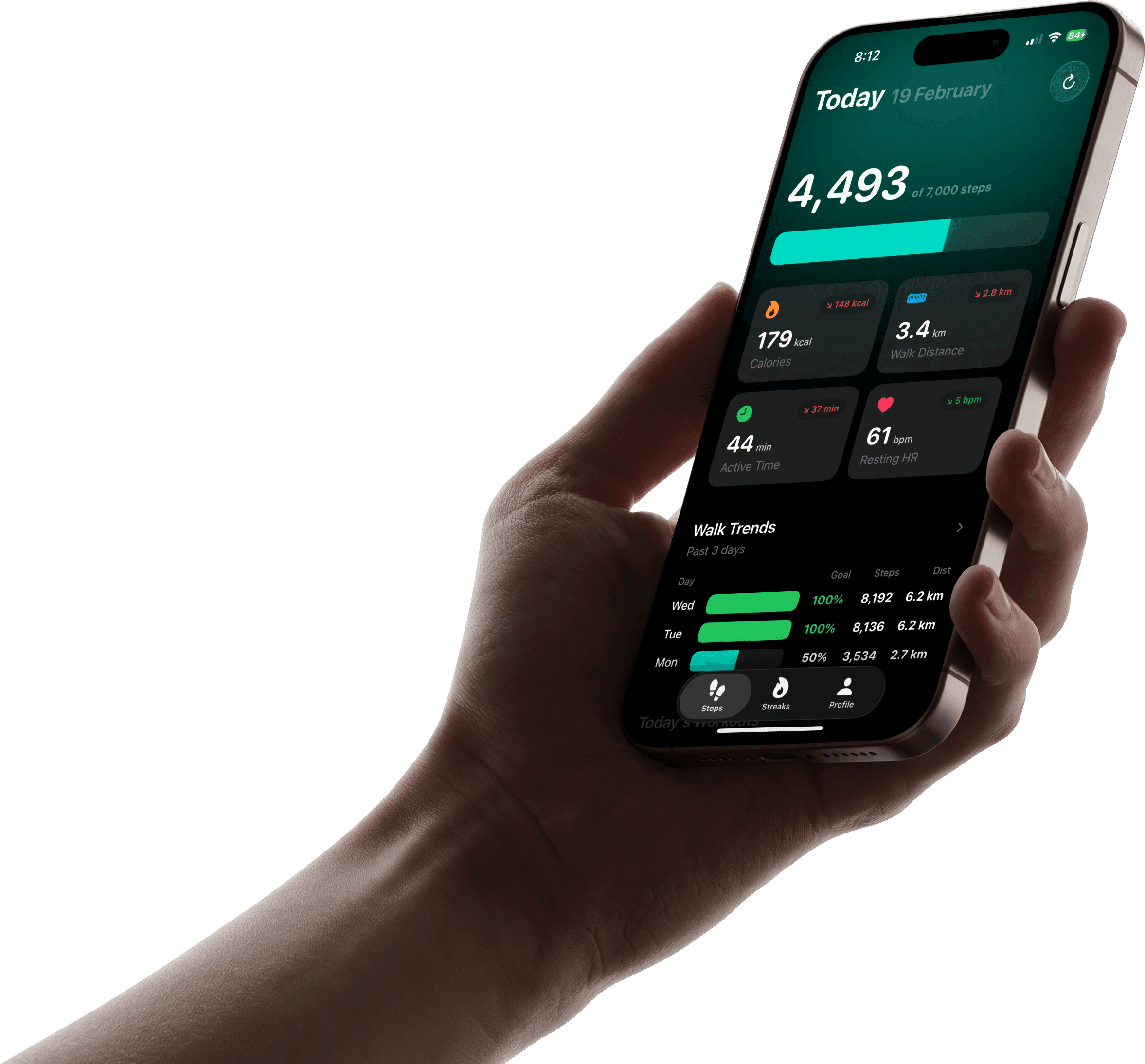 zoapps app showing step tracking, health metrics, and walk trends